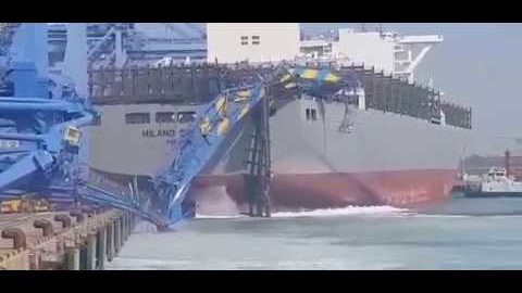 Container Ship Crashes Into Port Destroying A Crane